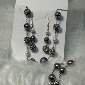 Dangle Earrings Necklace Bracelet Set Pearl Rhinestone Silver Tone Gray‎